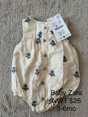 Zara Cream Baby Embroidered Button Romper with Blue & Brown Accents